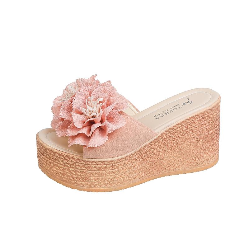 

Модные женские мюли-сабо на каблуке 90 мм, сандалии на танкетке, женские шлепанцы-слайды на платформе с аппликацией в виде цветка 43 розовый