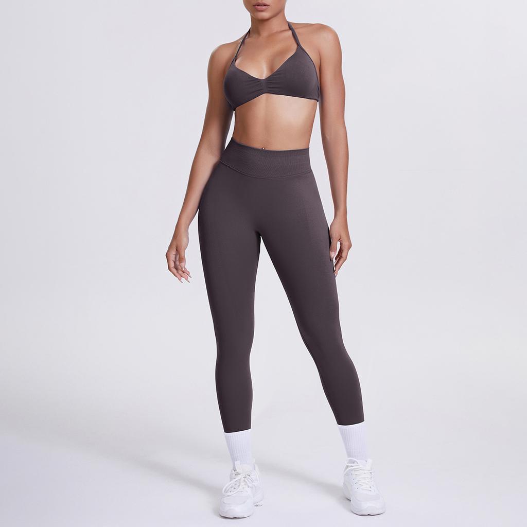 Seamless solid color beautiful back neck bra trousers yoga suit set tight running fitness two-piece set