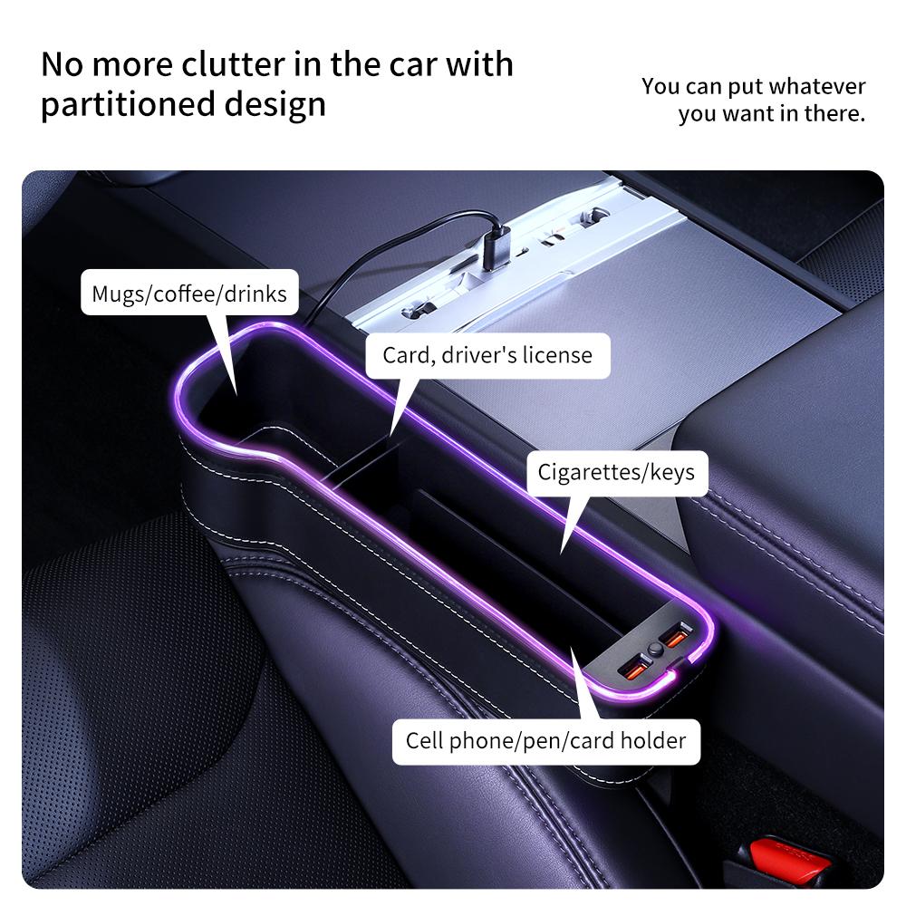 YZ multifunctional Cup Holder Gap Storage box Car Seat Gap QC3.0 USB 7 Colours Changing LED Charging Auxiliary for Vehicles