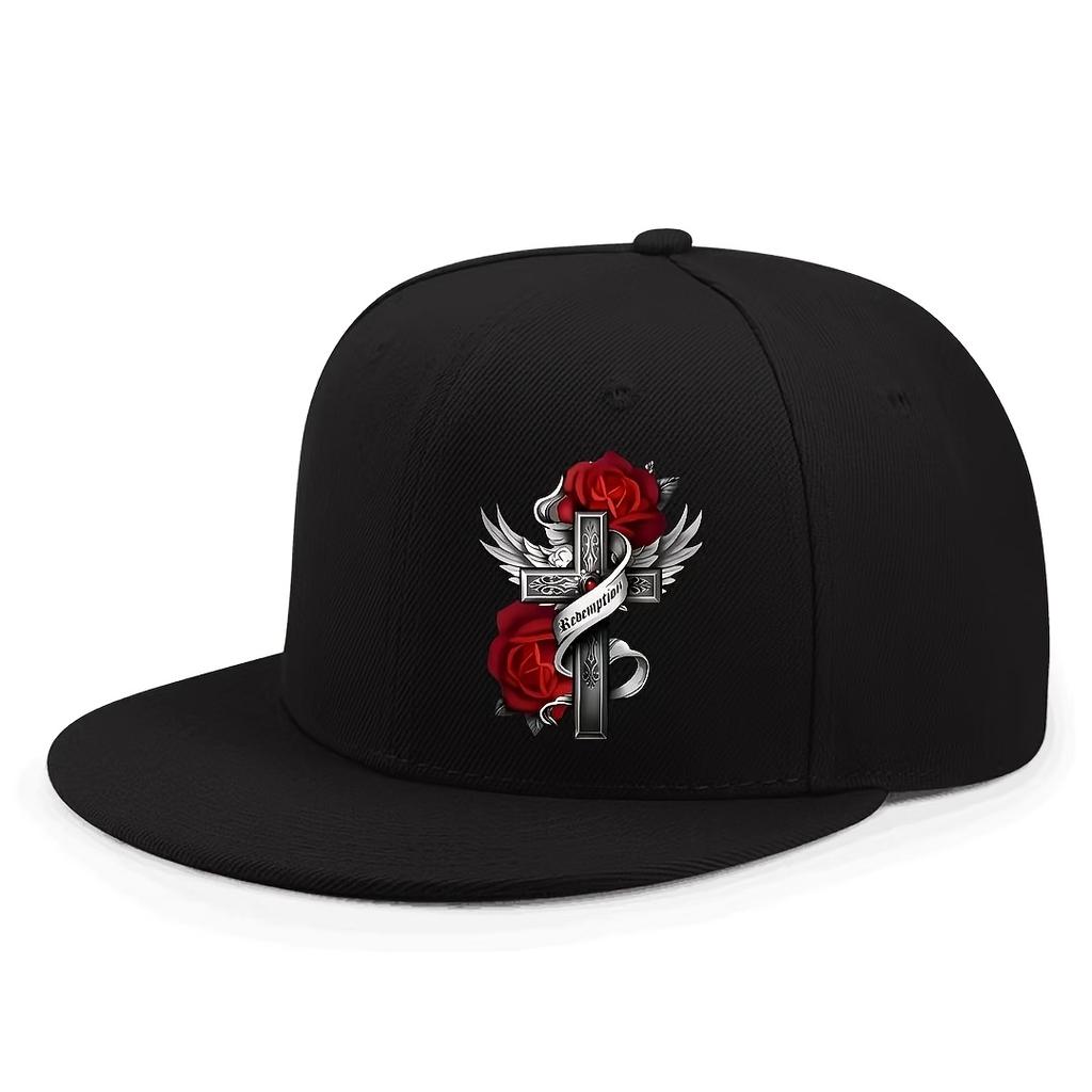Redemption Rose Cross Wings Graphic Flat Brim Baseball Cap Unisex Polyester Outdoor Street Snapback