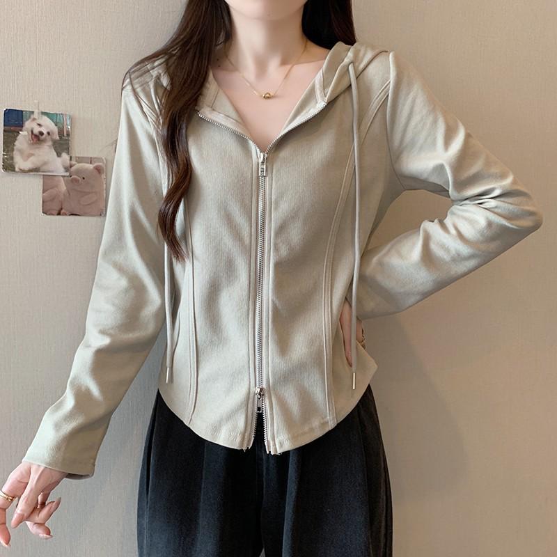 

Plus Size Double Zipper Women’s Hoodie - Slimming Spring/Autumn Cardigan Jacket with Fishbone Design and Long Sleeves XXXXL for 205-245 jin хаки