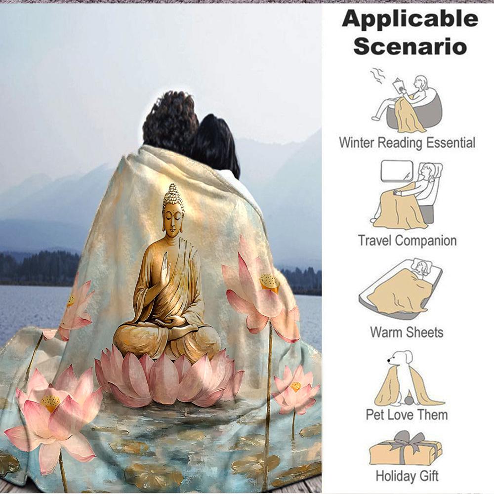 1pc Buddha Lotus Blanket, Lightweight Flannel Throw Blanket For Sofa, Bed, Travel, Camping, Living Room, Office, Couch, Chair, And Bed