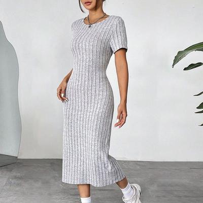 Yazlık gündelik O yaka düz Örgü Bodycon Bayan alt kısa kollu Parti Elbiseleri esneklik Seksi gri Paket Kalçalar maksi Elbise