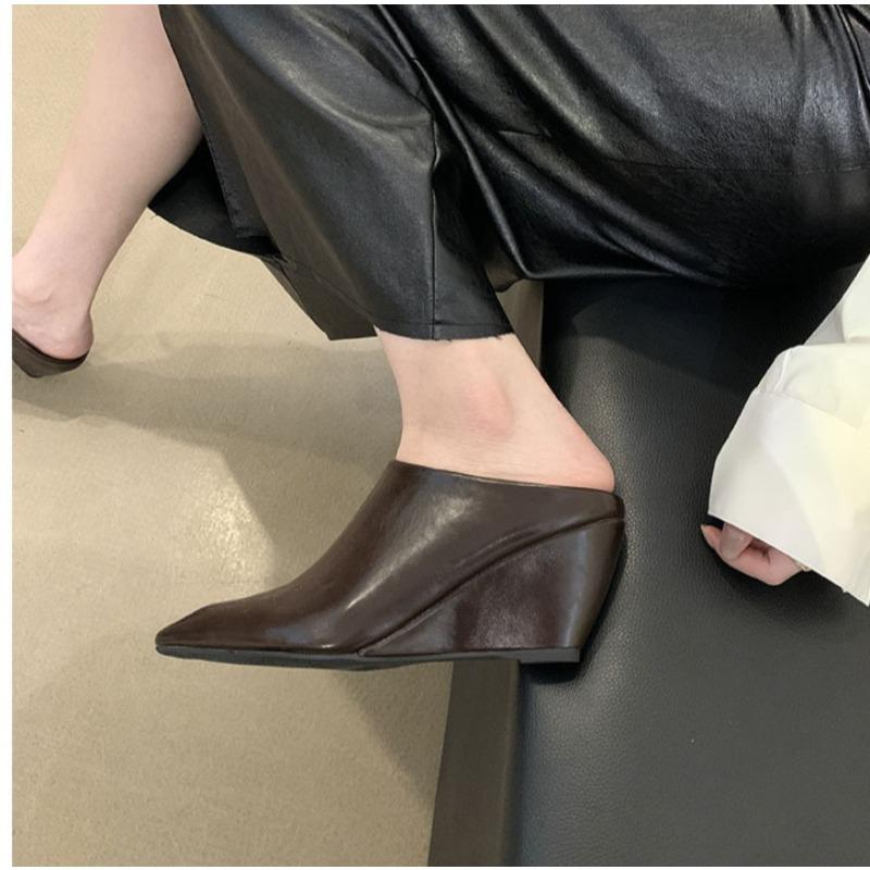 Design Platform Wedges High Heels Mule Baotou Half Women's Leather Slope Heel High Cool Outwear Thick Lazy Muller Shoes