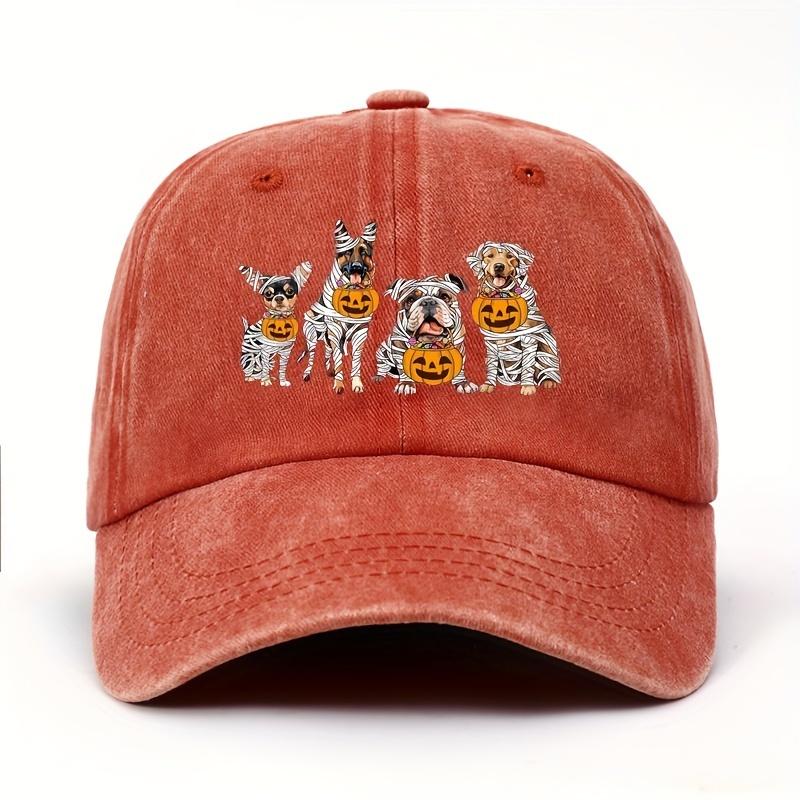 Halloween Pumpkin Puppy Printed Baseball Hat for Men and Women, Adjustable Black Holiday Design Perfect for Halloween Parties