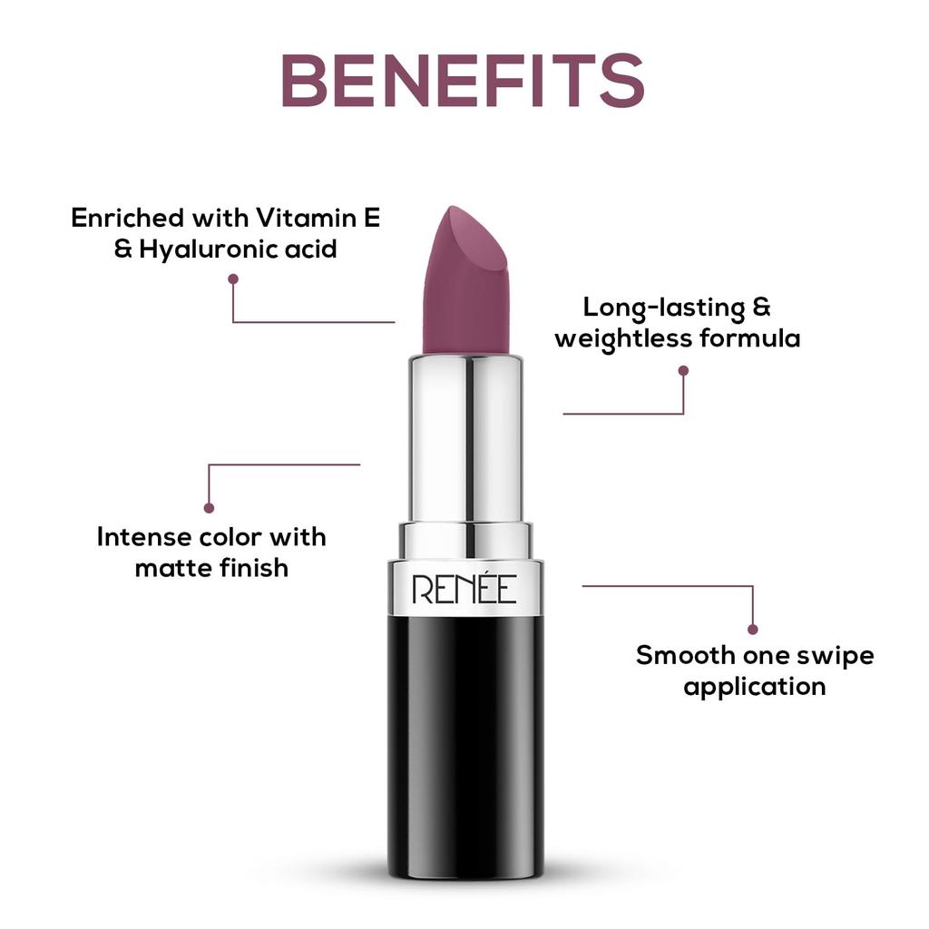 RENEE Stunner Matte Lipstick - Lotus Lady 4gm - Intense Color Pay Off, Full Coverage Long Lasting Weightless Velvety Formula With One Swipe Applica