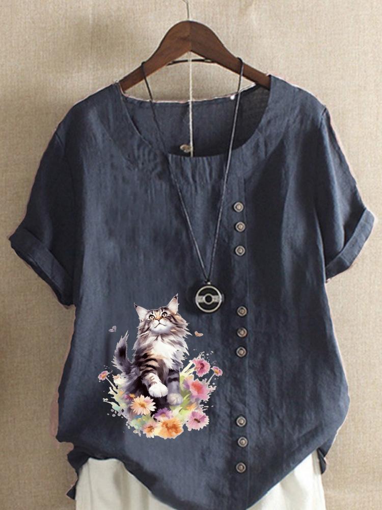 Women's Fashion Floral Cat Print Round Neck Short Sleeve T-shirt Casual Cotton Linen Graphic Shirt Leisure Loose Summer Blouse Tops