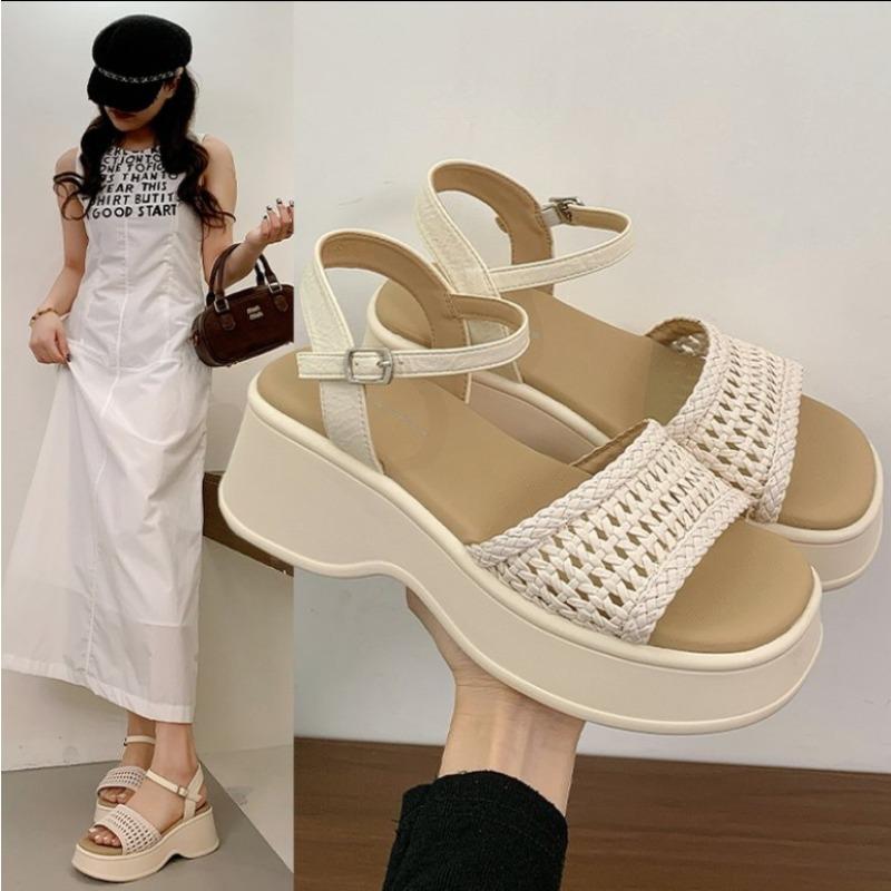 Leather Retro High Heels Sandals  Shoes Buckle Strap 2025 New Spring Summer Wedges Lady Platform Sandals