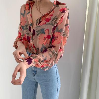 Damenmode Chiffonhemd Blumendruck V-Ausschnitt Langarmbluse Sommer Neu Umlegekragen T-Shirt Tops