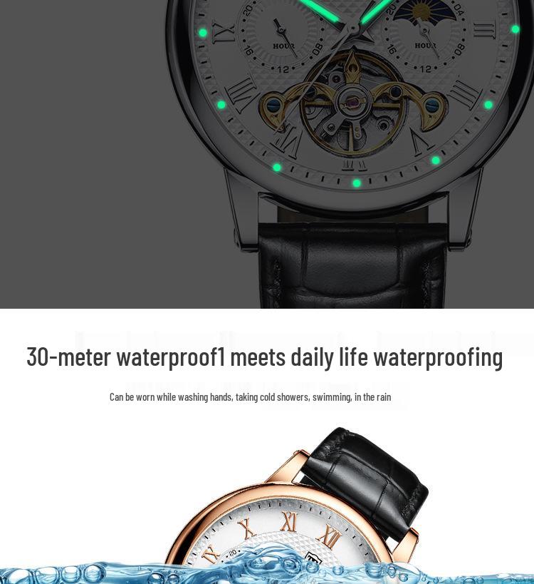 Relógio Masculino Automático Luminoso à Prova d'Água com Pulseira de Couro - Design Sol Lua Estrelas