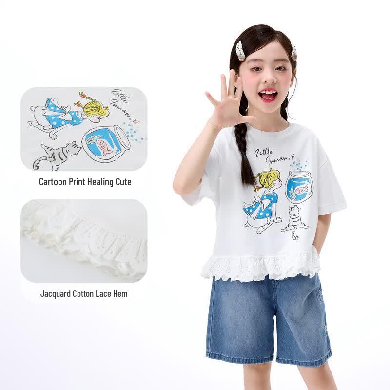 Girls' Antibacterial Cartoon Print Short Sleeve T-Shirt
