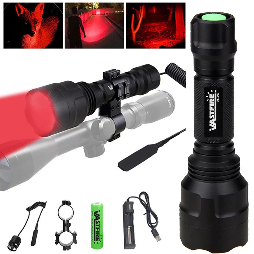 Taktische C8 Jagd-Taschenlampe Grün Rot 1-Modus Predator Hand-Taschenlampe für Kojote Wildschwein Raubzeug+Clip+Heckschalter+18650+Ladegerät