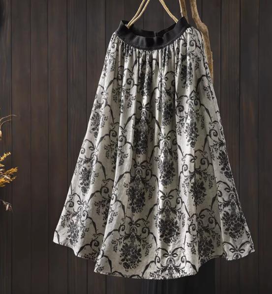 Johnature Women Vintage Print Floral Skirts Elastic Waist High Quality Cloths Summer Soft Female Skirts