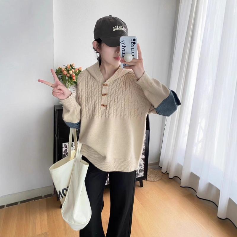 Retro hooded twist splicing denim knitted sweater top autumn new loose design sweater pullover woman