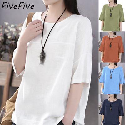FiveFive Fashion Dámské tričko s kulatým výstřihem Ležérní volné jednobarevné bavlněné a lněné košile Nadměrná velikost Blůza Top