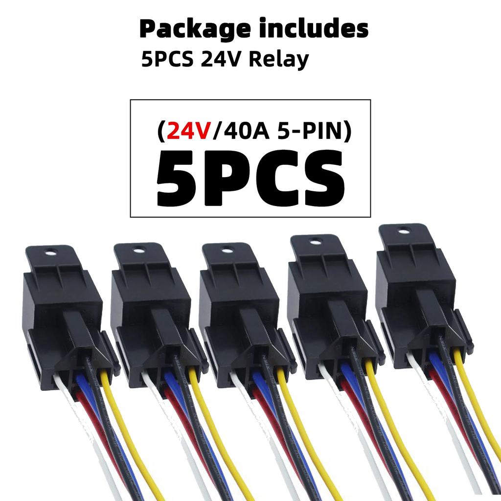 5-PCS Waterproof Automotive Relay 12V 24V 5Pin 40A Car Relay with Black Red Copper Terminal Auto Relay Socket Harness Cable