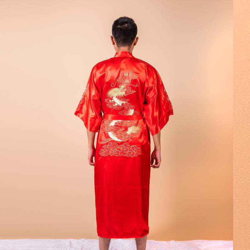 Men's Embroidered Silk Dragon Robe - Chinese Style Long Bathrobe