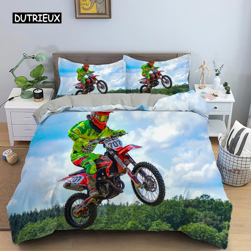 Motocross Bedding Set for Boys Adults Men Off-road Race Motorcycle Duvet Cover Bed Cover Single King Queen Polyester Quilt Cover