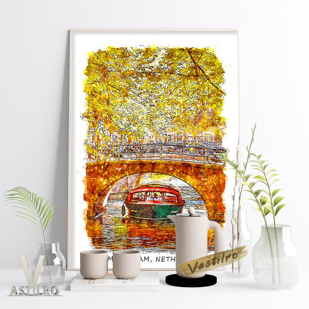 World City Tourism Krajina Akvarel Plakát Dubaj Amsterdam Monako Umělecká reprodukce