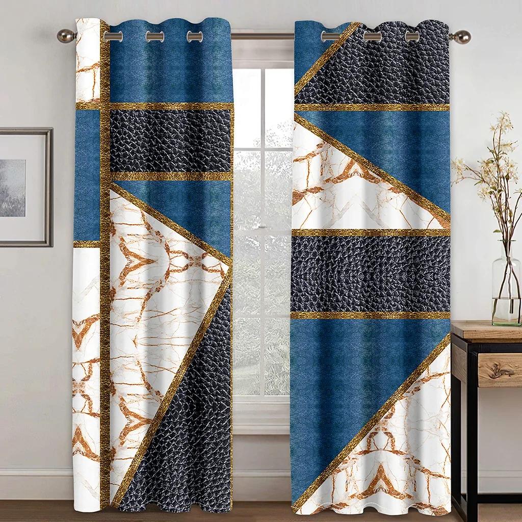Ready-made Abstract Marble Blue Gold Design Cheap Modern Thin 2 Pieces Curtains for Living Room Bedroom Window Drape Home Decor
