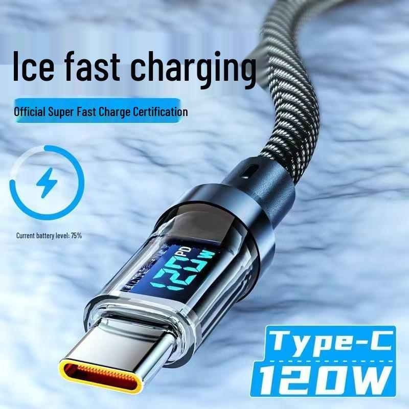 120W Fast Charging Data Cable with Digital Display and Intelligent Power Off for Huawei, Samsung, Apple 15, Xiaomi, and Oppo.