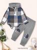 Plaid Hooded Romper & Long Pants Set for Newborns - Autumn/Winter