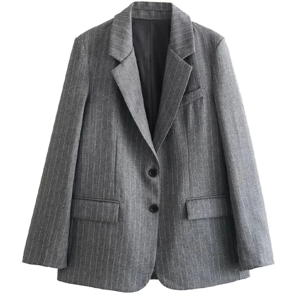 

Women Fashion with Pockets Striped Single Breasted Blazer Vintage Notched Neck Long Sleeves Chic Lady Outfits XS серый