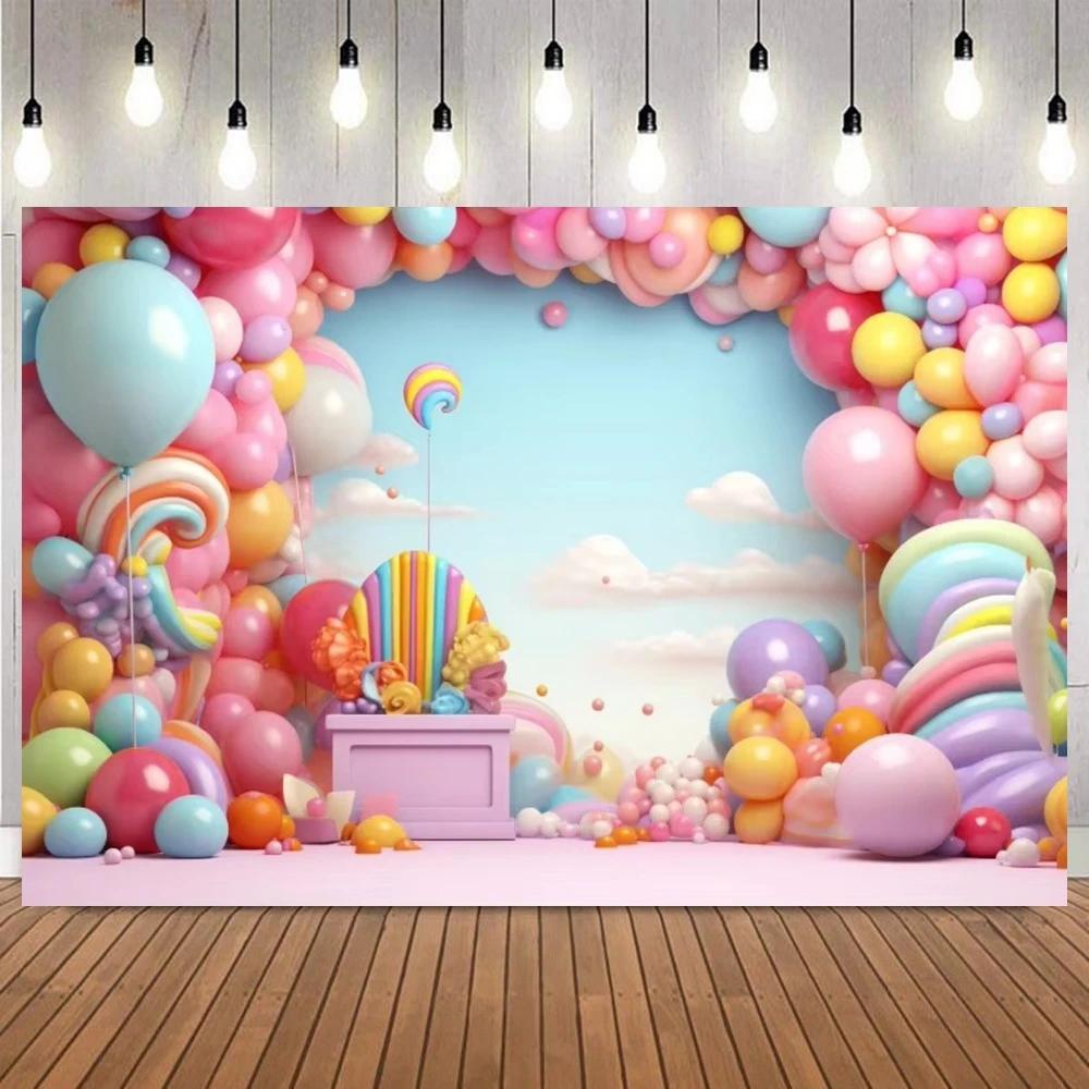 Sweet candy ground photo background, colorful lollipops, donuts, cake ice cream, children birthday party photography background
