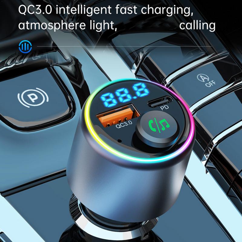 Car Fast Charger Colorful LED Light QC3.0 Car Charge Adapter MP3 Music Player Wireless FM Car Kit Hands-Free Calling Hi-Fi Music