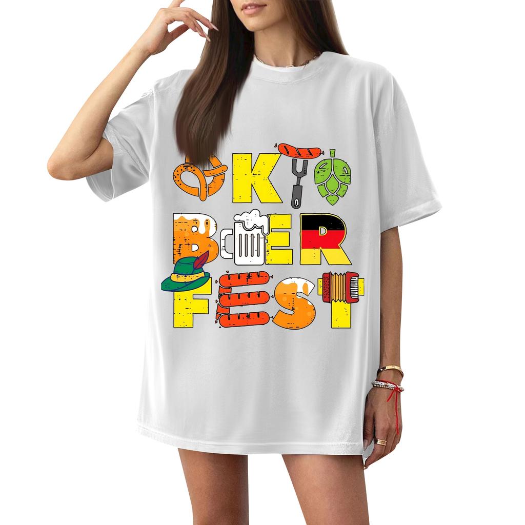 Women's Casual Short Sleeve T-Shirt Oktoberfest Letter Print Loose Fit Lightweight Summer Top Pullover Tee