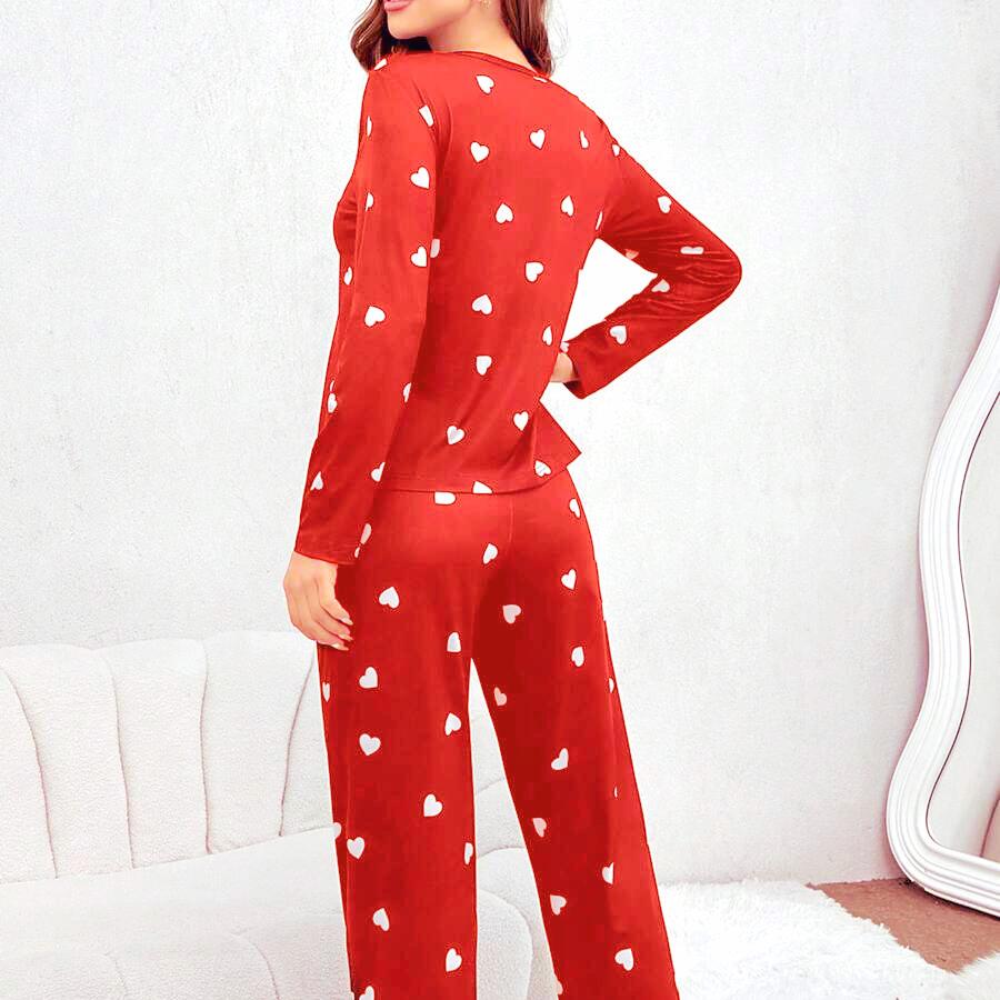 Conjunto de pijama con estampado de corazón para mujer, primavera 2025, camiseta de manga larga y pantalones, ropa de dormir de 2 piezas, ropa suave para el hogar, conjuntos de pijamas, traje de salón
