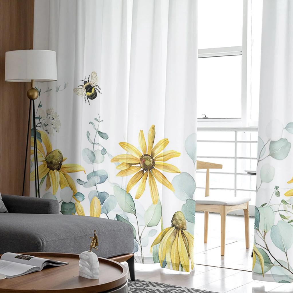 Pastoral Eucalyptus Persimmon Bedroom Transparent Sheer Curtains Holiday Decoration Window Voile Tulle Curtain