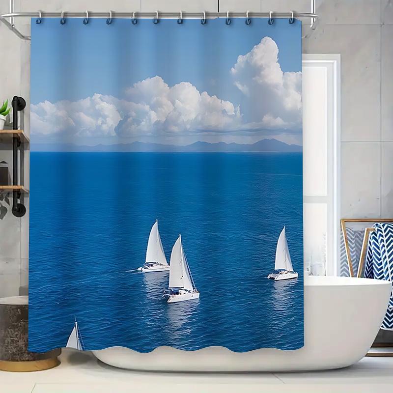 Vibrant Blue Sailboat Waterproof Shower Curtain Coastal Bathroom Decor Relaxing Nautical Theme  Thickened Eco Fabric Easy-Clean