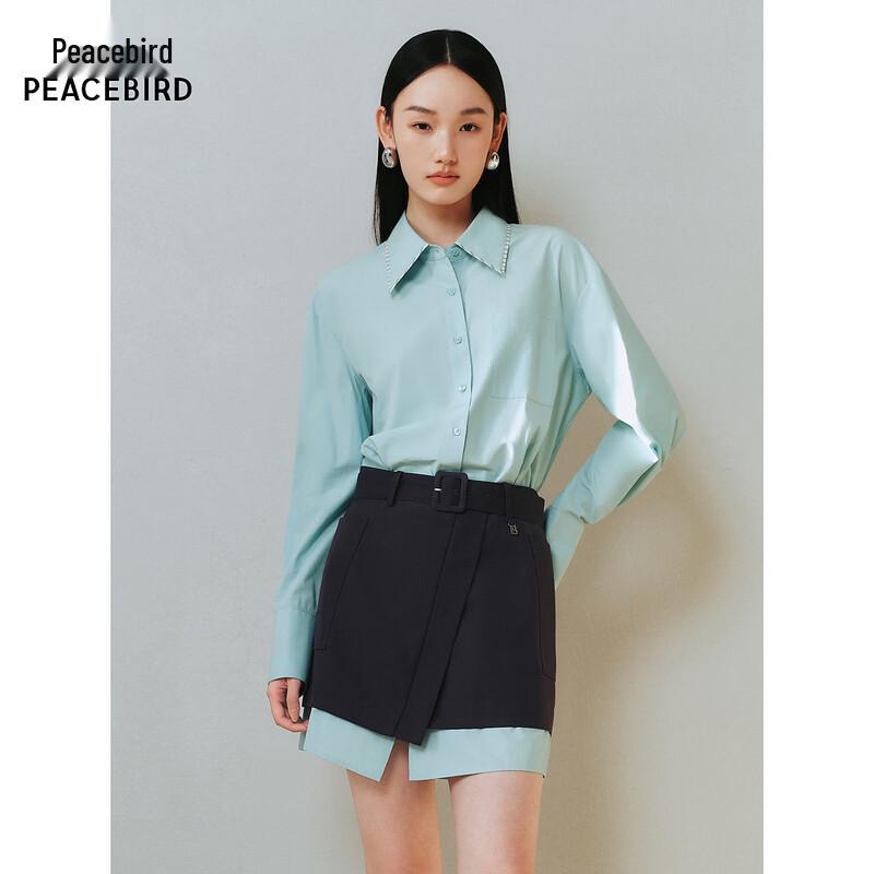 Women s Faux Two-Piece Layered Shirt Dress M аква голубой