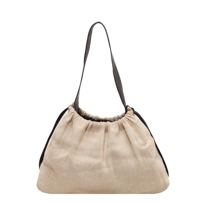 

Canvas messenger bag women s large-capacity niche design splicing contrasting color shoulder underarm bag drawstring travel tote bag бежевый