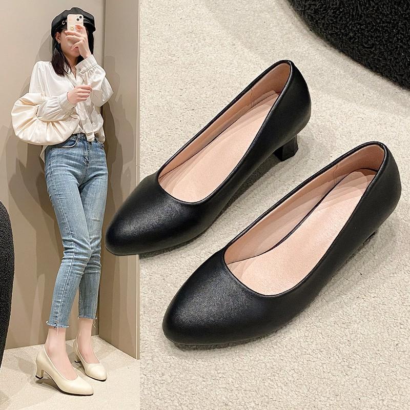 Women Classic Black Pu Leather High Quality Heel Shoes Sapatos Femininas Lady Fashion Beige Comfort European Stylish Pumps