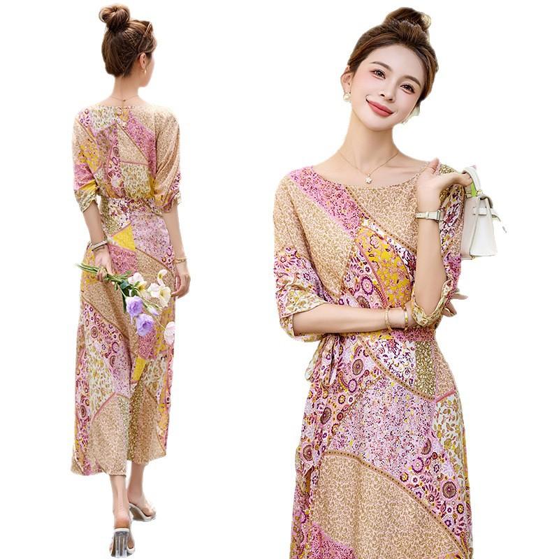 Floral dress summer belt fashion retro one-piece knee vacation long skirt