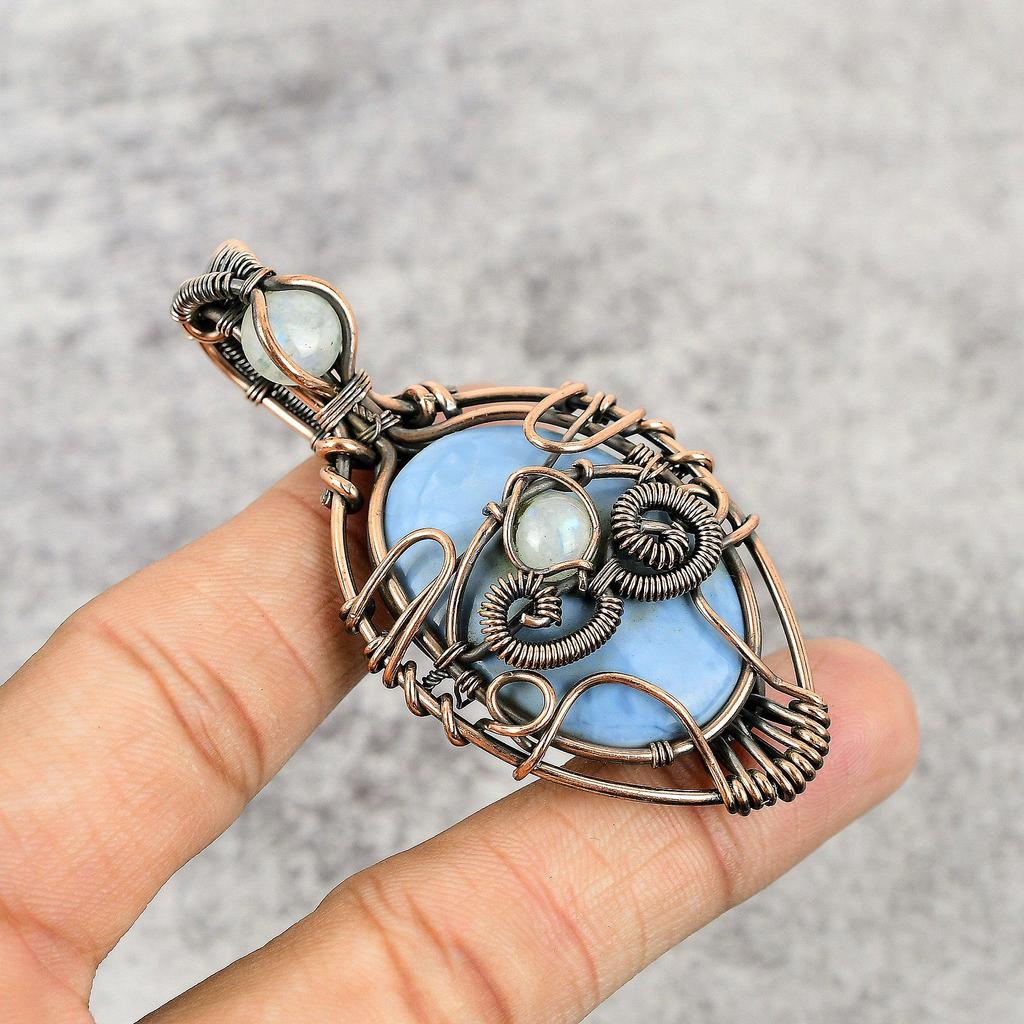 Owyhee Opal & Rainbow Moonstone Pendant, 999 Copper Wire Wrapped Jewelry, Gemstone Pendant, Gift For Her Handmade Dainty Jewelry