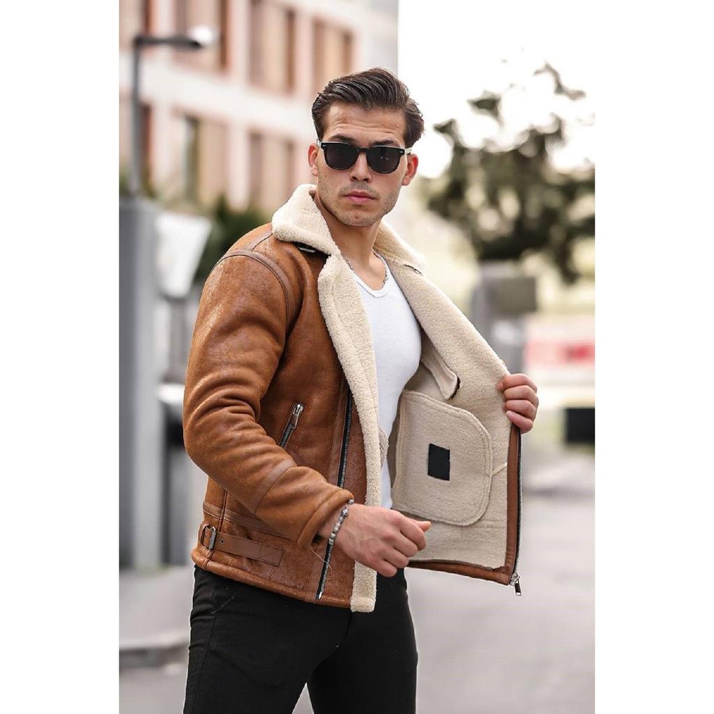Men's Tan Color Napa Leather Cross Model Coat
