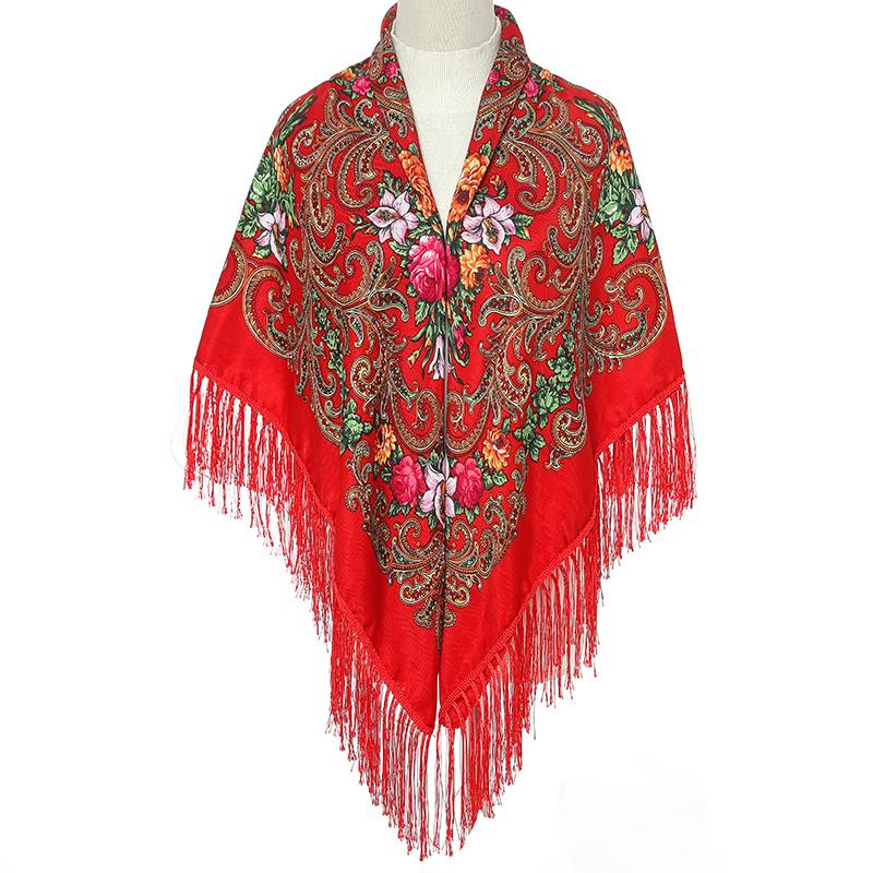 51*51In Square Women Scarf Shawl Ukrainian Embroidery Retro Fringed Cotton Print Scarves Hijab Wraps Russian Cape Bandana