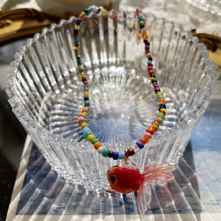 Beaded Necklace with Sweet Resin Fish Pendant Cute Rice Beads Choker Daily Wear