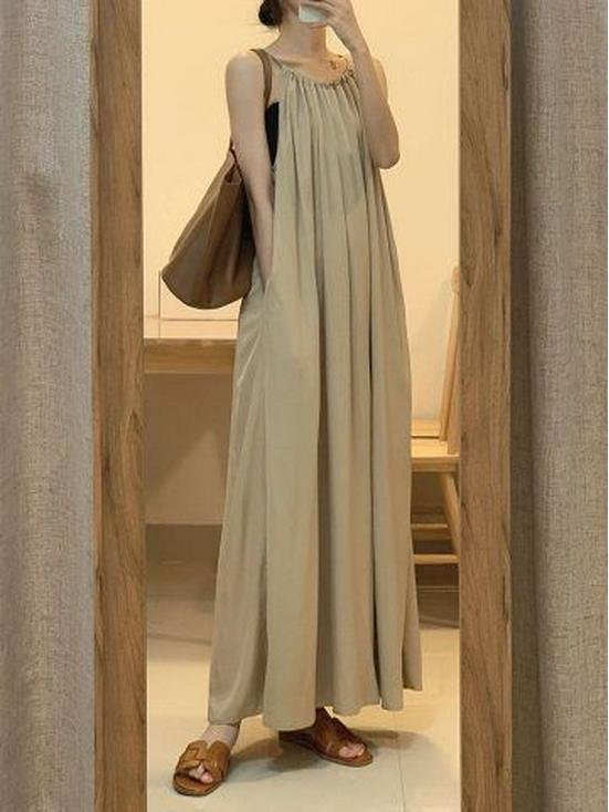 French Gentle Style Spaghetti Strap Tie-Up A-Line Long Dress with Pockets - Summer 2024 Collection