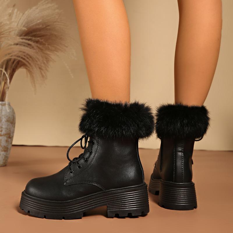 Plush Warm Cotton Boots Winter New Round Toe Lace-up Platform Non-slip Block Heel Plus Size Leather Shoes