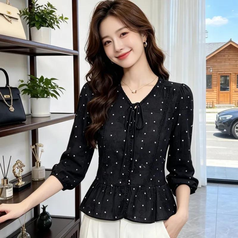 Women S Polka Dot V Neck Blouse With Ruffle Hollow Design