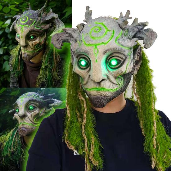 Halloween Waldgeist Elfenmaske LED Horror Kopfschmuck Realistisch Grün Elfe Alt