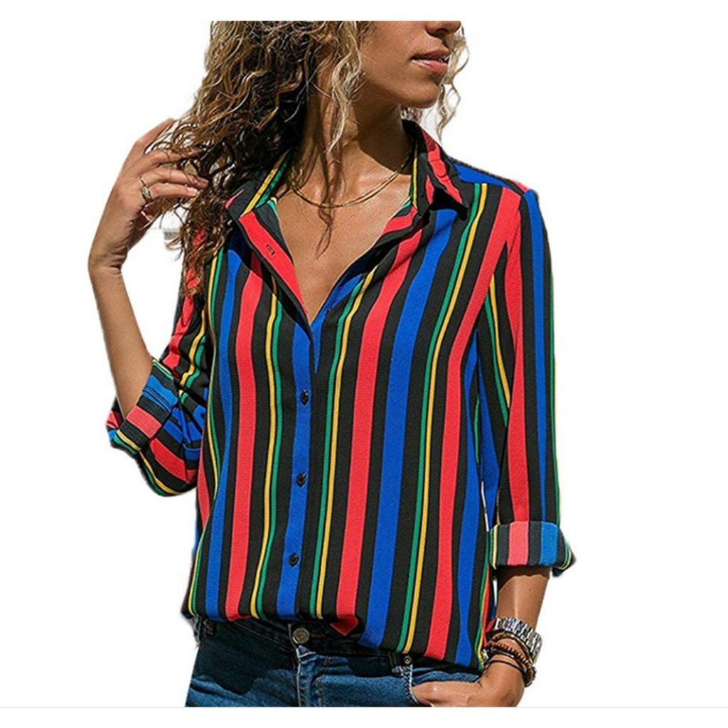 Women's Fashion V-neck Long Sleeve Printed Shirt Casual Elegant Blouse Top