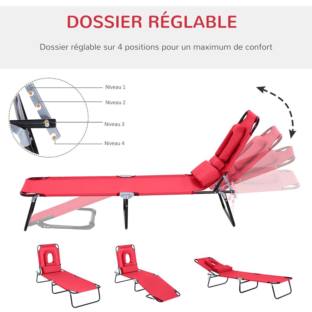 Foldable Outdoor Sun Lounger Adjustable Backrest Reclining Chair with Pillow and Reading Hole Garden Beach, Red