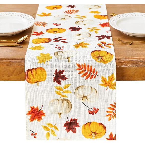 YATOJUZI Maple Leaf Pumpkin Table Runner - Fall Autumn Table Runners Home Kitchen Dining Table Decorations Decor for Thanksgiving Day Party - 13x72