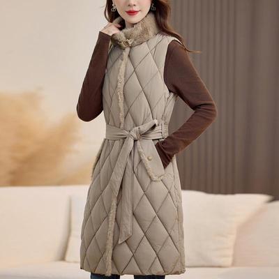 Fashion Winter Women's Vest Faux Fur Collar Thick Warm Sleeveless Jackets Woman Long Coat With Belt