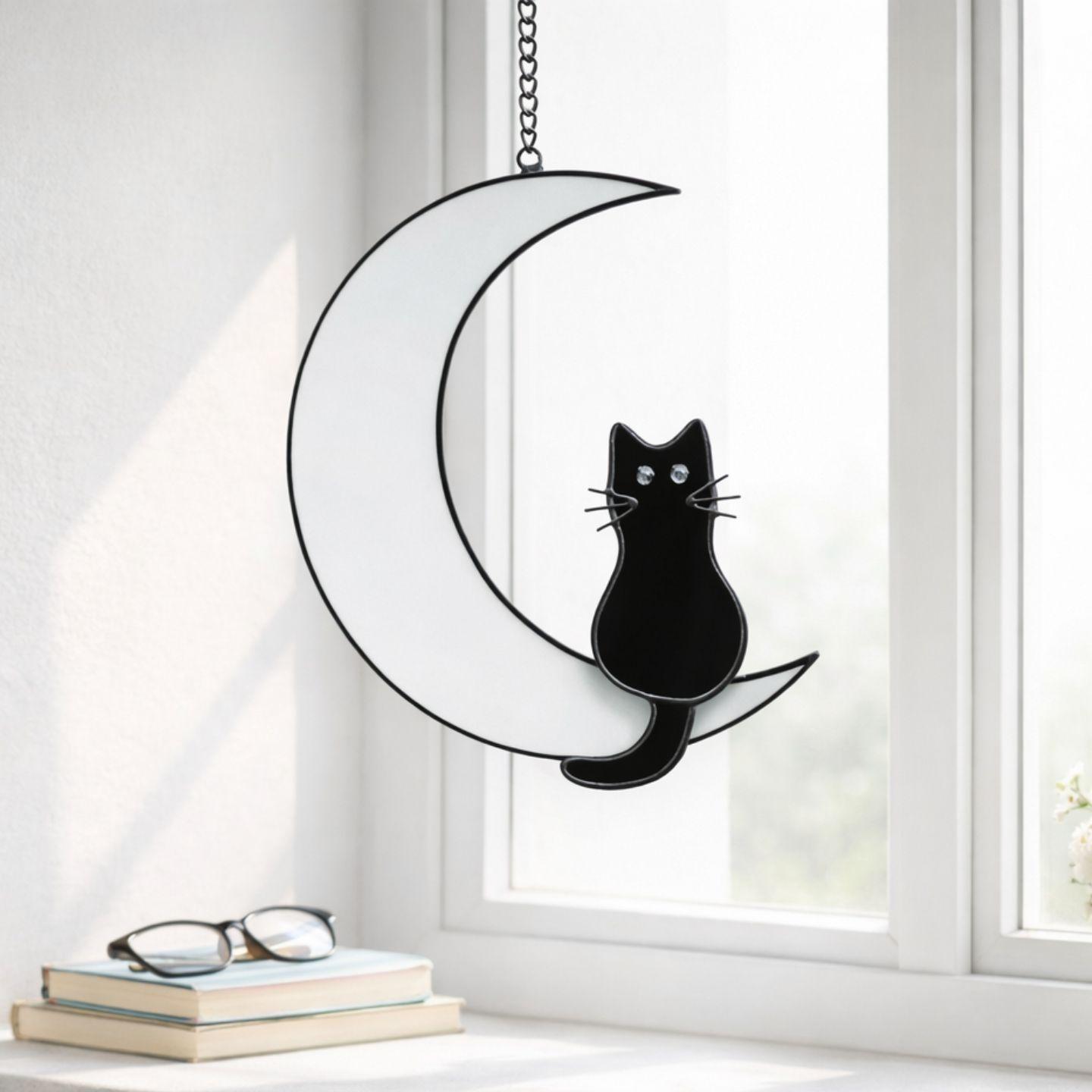 Stained Glass Moon Cat Suncatcher Minimalist Nordic Style Window Hanging Cat Glass Suncatcher (as the picture,hanging&13X5X16CM)